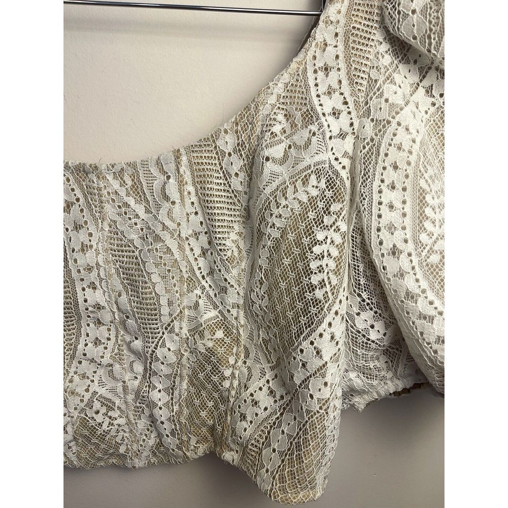 Saylor Jenni Top Blouse Cropped White Beige Lace Zip Puff‎ Sleeve M Retail $253 - Picture 3 of 11